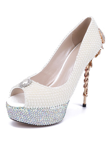 Blanc perles Peep Toe Pumps cuir