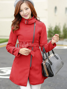 Énigmatique manteau Laine de plaine unicolore avec ceinture coupe asymétrique col montant