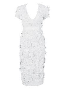 V-cou dentelle blanche robe féminine Split appliques Bodycon Dress