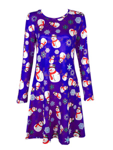 Élégente robe skater casual en polyester motif de noël convenable col rond