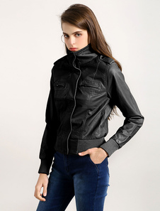 Motorcycle jacket noir en PU unicolore avec zip