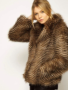 Fausse fourrure poil Animal imprimer longues manches col Turndown femmes grande taille manteau d’hiv