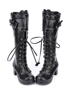 Bottes lolita moyennes de mode en PU noir haut talon