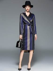 Femmes Vintage robe Royal bleu rayé V cou manches longues haut bas Slim Fit Bodycon robe avec ceintu