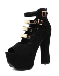 Peep Toe Sandals Suede haut talon plateforme métal détail bouclée chaussures sandale talon Chunky