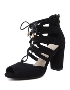 Talons hauts robe Sandales noires Peep Toe Lace Up Chunky talon chaussures d’été
