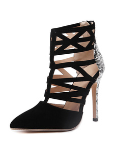 Bout pointu serpent impression découpe sandale noir bottines Suede talon haut féminin Stiletto talon
