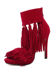 Frange rouge sandales à talons hauts Bohemian Summer chaussures Open Toe talon aiguille sandales en 