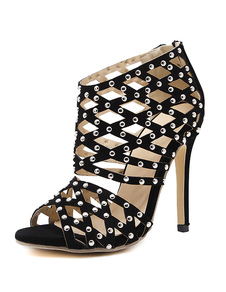 Peep Toe Rivets sandale noir bottines Suede talon haut féminin découper Stiletto talon chaussures d’