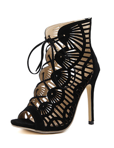 Sandale noire bottillons Suede haut talon Peep Toe lacez vers le haut de découpe de sandales talon a