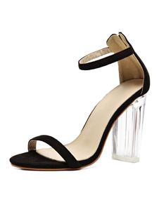 Velours côtelé Transparent talon Chunky Ankle Strap Sandals de robe noire haut talon sandales