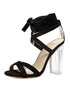 Robe noire sandales à talons hauts féminins traversent Transparent Chunky Heel Ankle Strap Sandals