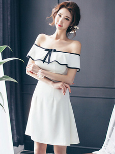 Au large de l’épaule Skater robe blanche Ruffles glissière au dos arrondi Sexy robe