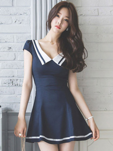 Collier PAC manche plissé Slim Fit Flare robe de Skater bleu robe féminine marin
