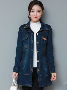 Bleu Denim Jacket femmes dos lettres Slim Fit moyen veste et manteau