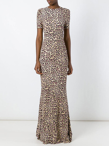 Robe Maxi Leopard bijou cou manches courtes Backless Slim Fit Party Dress femmes