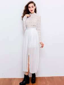 Dentelle blanche long robe en mousseline de soie Stand col manches longues fente découpe robe Maxi p