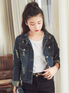 En détresse manches longues Short Denim Jacket femmes Slim Fit déchiré veste bleue