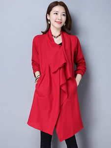 Manteau rouge manches longues volants irrégulière des femmes retour imprimé manteau léger moyen