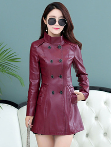 Manteau PU Double Breasted Stand col manches longues robe manteau de cuir Casual féminin