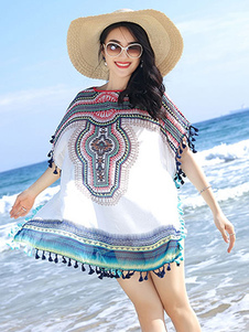 Couvercle blanc Ups mousseline, tour de cou à manches courtes imprimé surdimensionné Beach maillots 