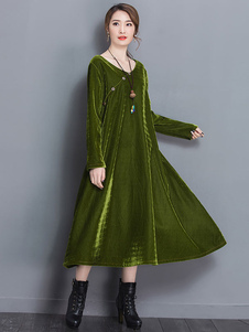 Robe velours surdimensionné Scoop bleu bouton robe Maxi