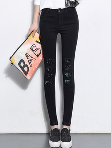 Leggings Skinny noir paillettes fermeture à glissière mouche coton pantalon serré pour les femmes