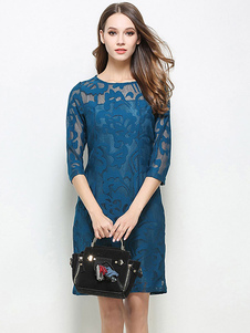 Robe en dentelle bleu rond Manche 3/4 longueur manches Slim Fit robe pour femmes