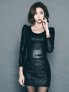 Pailletés Club robe noire col rond manches longues Slim Fit Bodycon Dress With Belt