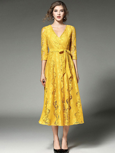 Dentelle robe jaune V cou longueur 3/4 manches Slim Fit robe longue des femmes