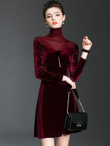 Col haut Skater robe velours manches longues maille Patchwork Flare robe pour femmes