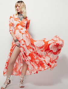 Maxi des femmes robe Orange velours coréens autour de cou manches longues fente imprimé Floral robe 