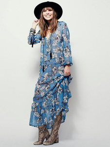 Boho Maxi robe en mousseline de soie légère bleu plongeant décolleté manches longues Floral imprimé 