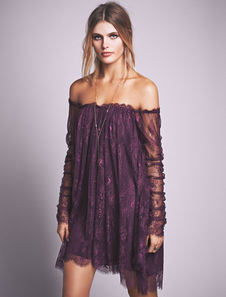 Robe en dentelle lilas au large de l’épaule manches longues semi Sheer irrégulière robe courte