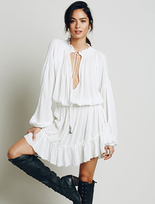 Plongeant décolleté manches longues coton Skater blanc robe féminine plissé robe évasé