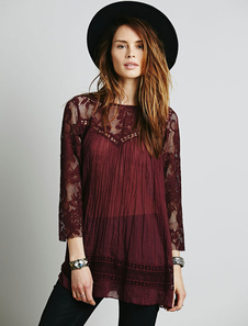 Robe en dentelle Bordeaux tour Manche 3/4 longueur manches robe courte plissée semi Sheer