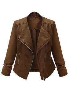 Courte veste marron PU cuir manches longues fermeture eclair Deco Moto veste femme