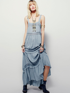 Robe Maxi léger chasuble sans manches dos nu Crochet bleu volant robe longue femmes