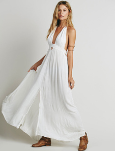 Robe longue blanche Halter V cou sans manches dos nu robe Maxi avec frange