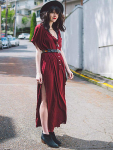 Bourgogne robe Maxi V Neck Short Sleeve bouton avant fente surdimensionné robe longue