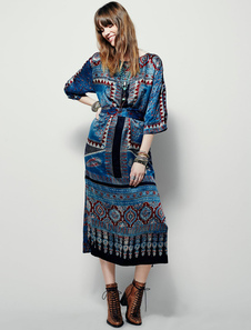 Bleu longue robe ethnique autour de l’encolure Half Sleeve imprimé découpe robe oversize