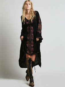 Robe Maxi noire ethnique V cou manches longues haut bas coton robe brodée