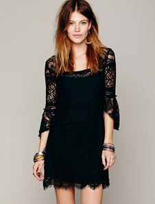 Black Lace Dress Square encolure 3/4 longueur manches semi Sheer Slim Fit robe courte