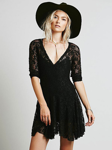 Dentelle noire robe V Manche 3/4 longueur manche plissé Slim Fit Skater Dress