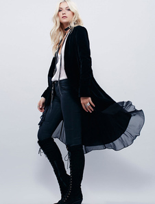 Volant de velours noir manteau féminin hiérarchisé Long Sleeve occasionnel à la palangre Cardigan ma