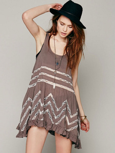 Robe d’été bijou brun foncé cou femme sans manches imprimé robe courte