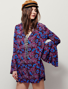 Robe courte violet Stand cou col V manches longues Bell imprimé robe chemise pour femmes