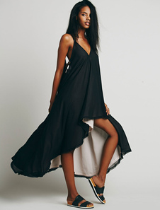 Mousseline de soie robe Maxi noir Spaghetti sangles V cou Backless High Low A ligne robe