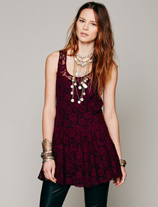 Robe en dentelle Bourgogne autour de cou robe sans manches semi Sheer court pour les femmes