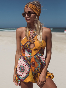 Backless Jumpsuit lacets femmes sans manches imprimé Bohème plage barboteuses